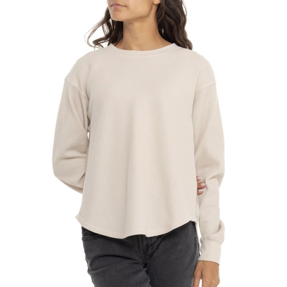 North River Ivory Soft Waffle Knit Relaxed Crew Long Sleeve Cotton Blend Top